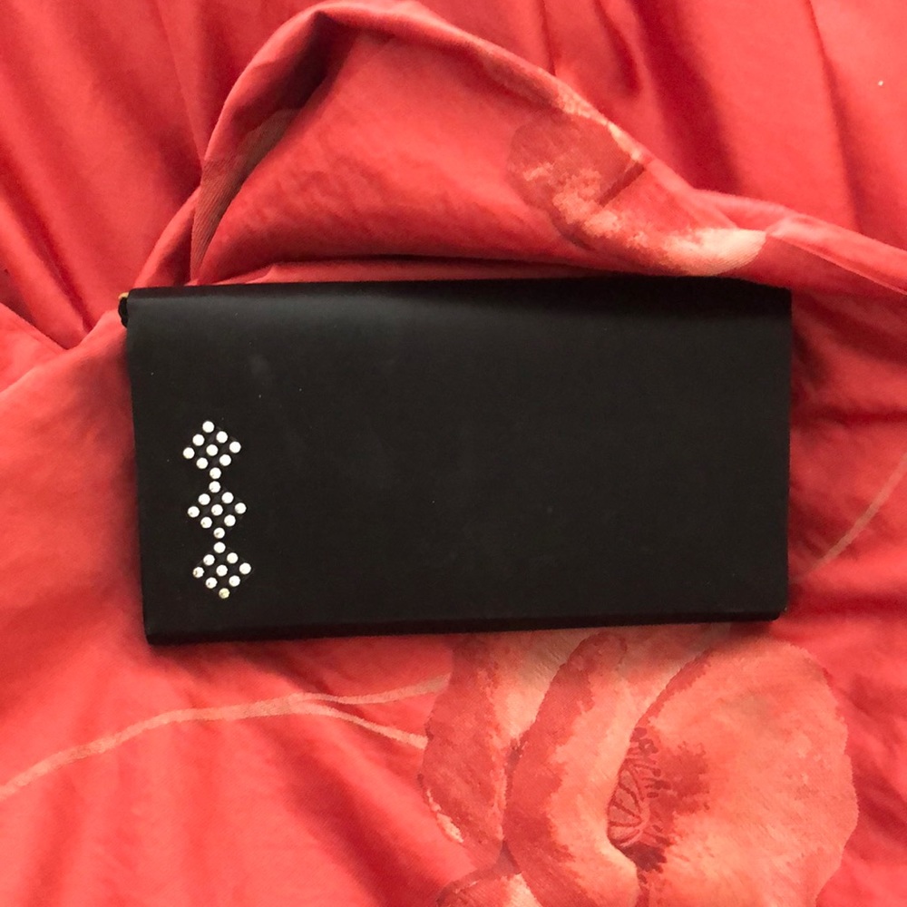 Satin evening clutch w rhinestones. Shoulder strap